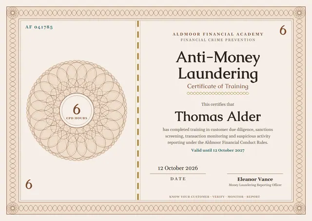 Chocolate Rosette Anti-Money Laundering Training Certificate template, A4 landscape, in chocolate