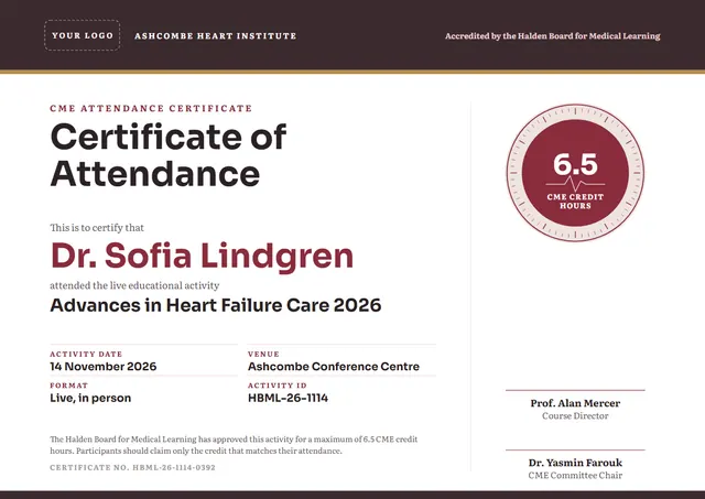 Chocolate Seal CME Attendance Certificate template, A4 landscape, in chocolate