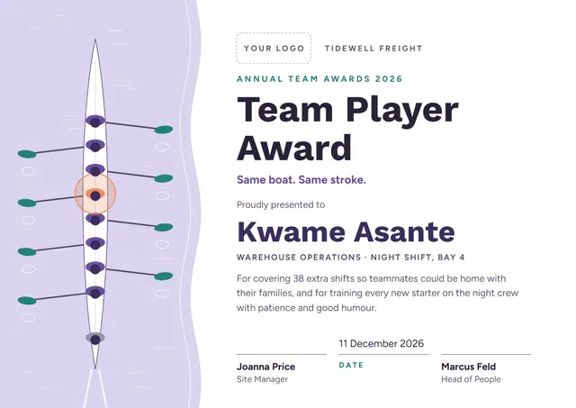 Charcoal Wave Team Player Award template, A4 landscape, in charcoal grey