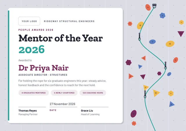 Plum Wave Mentor of the Year Award template, A4 landscape, in plum