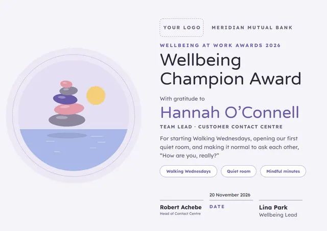 Purple Sunburst Wellbeing Champion Award template, A4 landscape, in purple