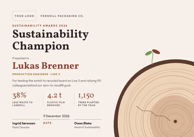 Chocolate Leafy Sustainability Champion Award template, A4 landscape, in chocolate