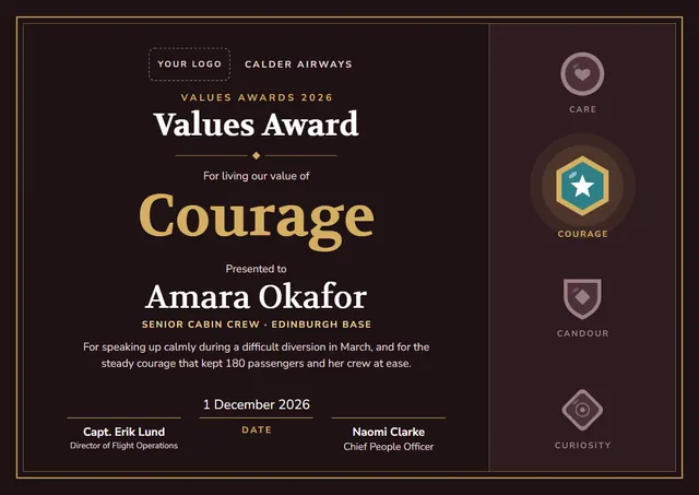 Black Bordered Values Award template, A4 landscape, in black