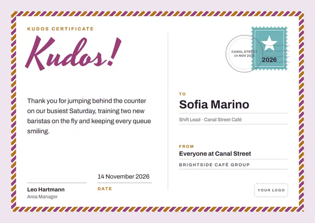 Raspberry Starry Kudos Certificate template, A4 landscape, in raspberry