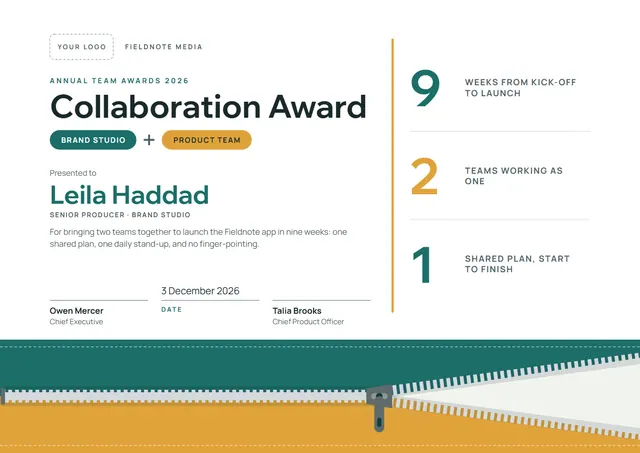 Teal Modern Collaboration Award template, A4 landscape, in teal