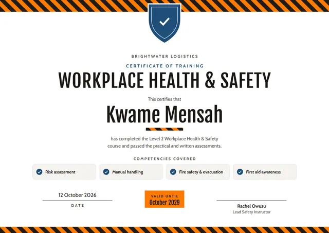 Orange Badge Health & Safety Training Certificate template, A4 landscape, in orange
