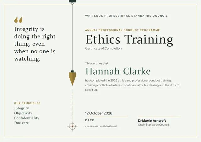 Emerald Bordered Ethics Training Certificate template, A4 landscape, in emerald