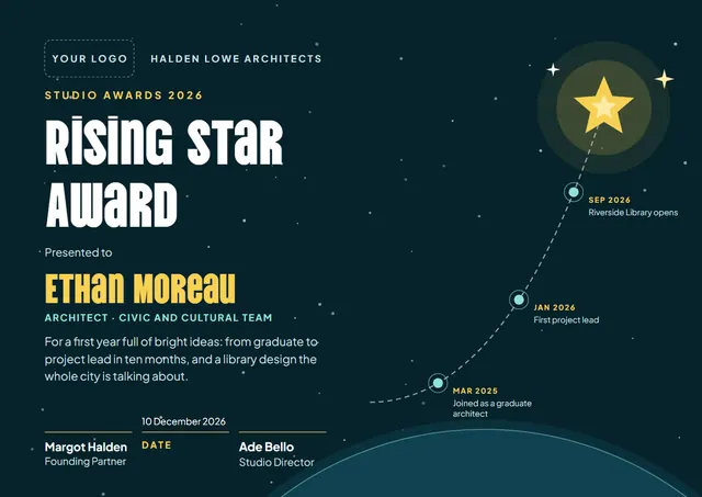 Navy Orbit Rising Star Award template, A4 landscape, in navy