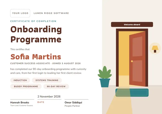 Chocolate Leafy Onboarding Completion Certificate template, A4 landscape, in chocolate