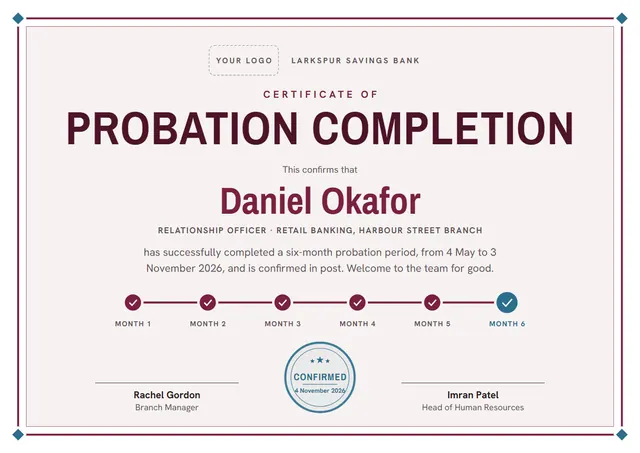 Burgundy Starry Probation Completion Certificate template, A4 landscape, in burgundy