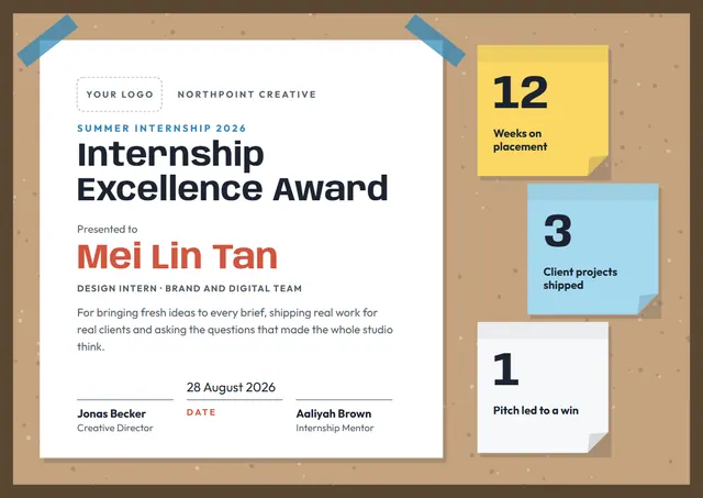 Gold Ornate Internship Excellence Award template, A4 landscape, in gold