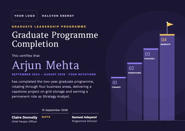Classic Midnight Pennant Graduate Programme Completion Certificate template, A4 landscape, in midnight blue