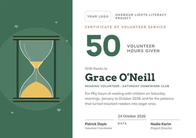 Jade Heart 50 Volunteer Hours Certificate template, A4 landscape, in jade
