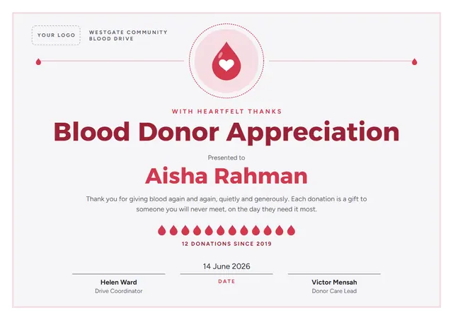 Crimson Medal Blood Donor Appreciation Certificate template, A4 landscape, in crimson