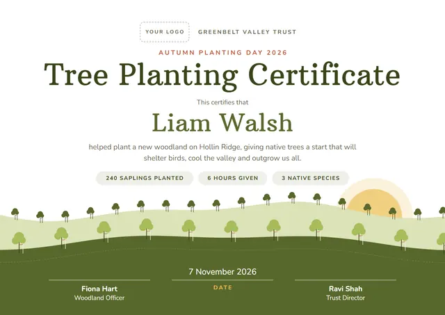 Olive Sunburst Tree Planting Certificate template, A4 landscape, in olive