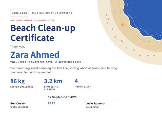 Gold Starry Beach Clean-up Certificate template, A4 landscape, in gold