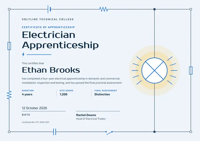 Navy Sunburst Electrician Apprenticeship Certificate template, A4 landscape, in navy