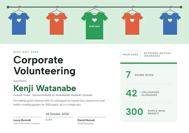 Emerald Wave Corporate Volunteering Certificate template, A4 landscape, in emerald