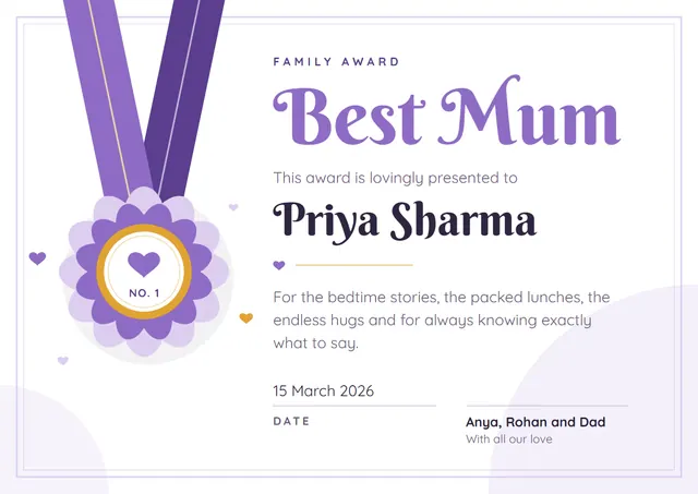 Lavender Medal Best Mum Award template, A4 landscape, in lavender