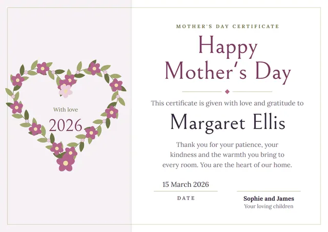 Plum Floral Mother's Day Certificate template, A4 landscape, in plum