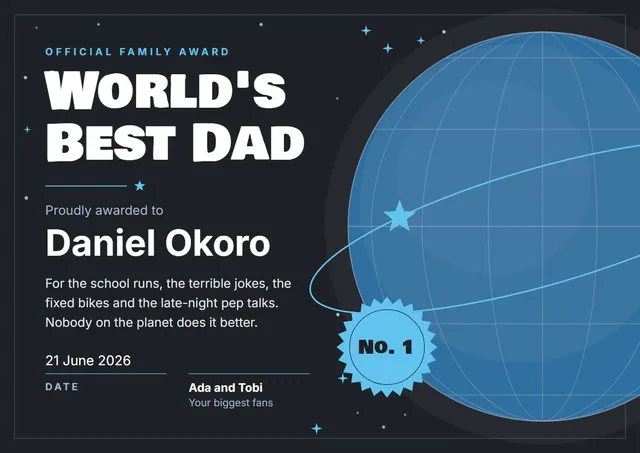 Ocean Blue Orbit World's Best Dad Award template, A4 landscape, in ocean blue
