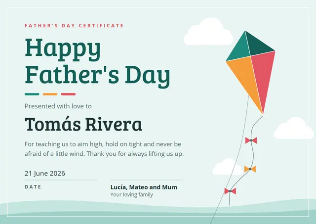 Teal Ribbon Father's Day Certificate template, A4 landscape, in teal