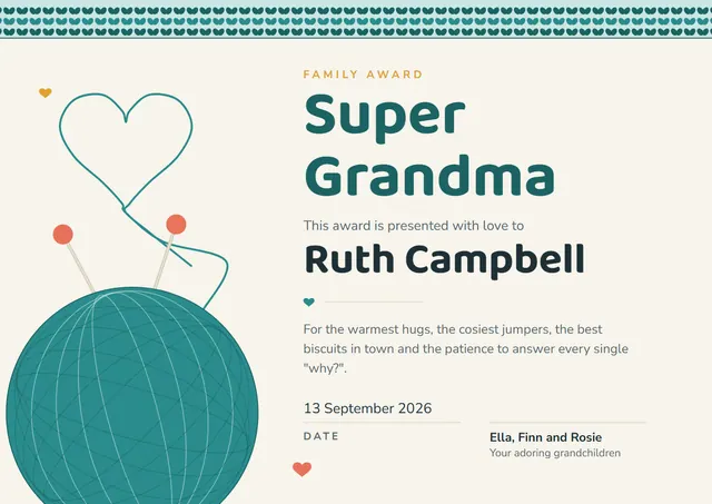 Teal Heart Super Grandma Award template, A4 landscape, in teal