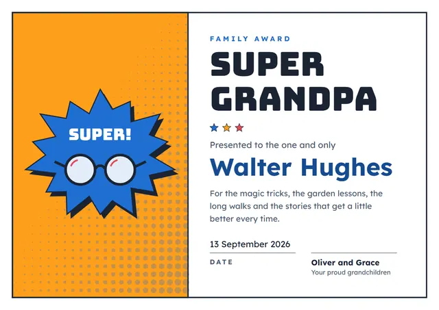 Amber Starry Super Grandpa Award template, A4 landscape, in amber
