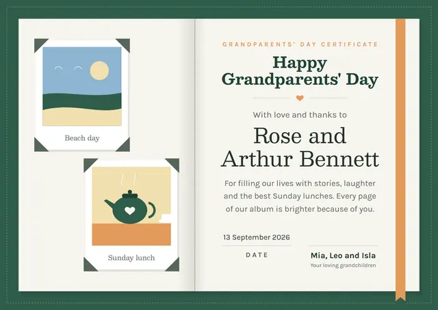 Forest Green Sunburst Grandparents' Day Certificate template, A4 landscape, in forest green