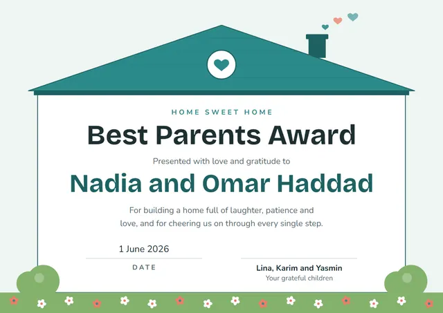 Teal Floral Best Parents Award template, A4 landscape, in teal