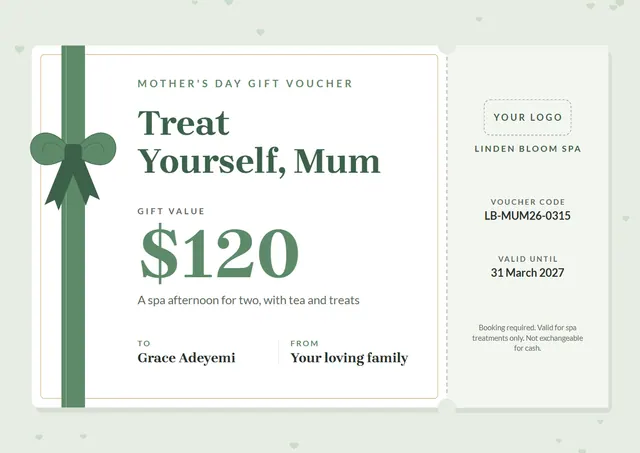 Sage Ribbon Mother's Day Gift Voucher template, A4 landscape, in sage