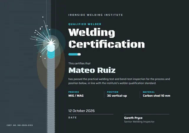 Charcoal Wave Welding Certificate template, A4 landscape, in charcoal grey