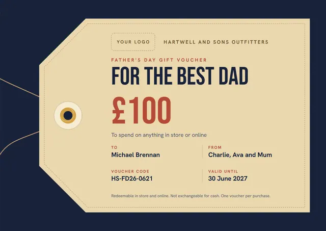 Gold Badge Father's Day Gift Voucher template, A4 landscape, in gold