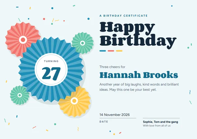 Playful Midnight Confetti Happy Birthday Certificate template, A4 landscape, in midnight blue