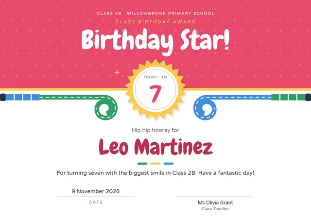 Red Starry Kids Birthday Award template, A4 landscape, in red