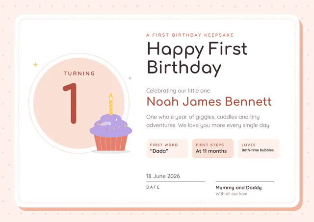 Coral Starry 1st Birthday Certificate template, A4 landscape, in coral