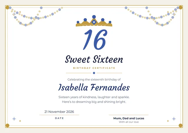 Steel Blue Starry Sweet Sixteen Certificate template, A4 landscape, in steel blue