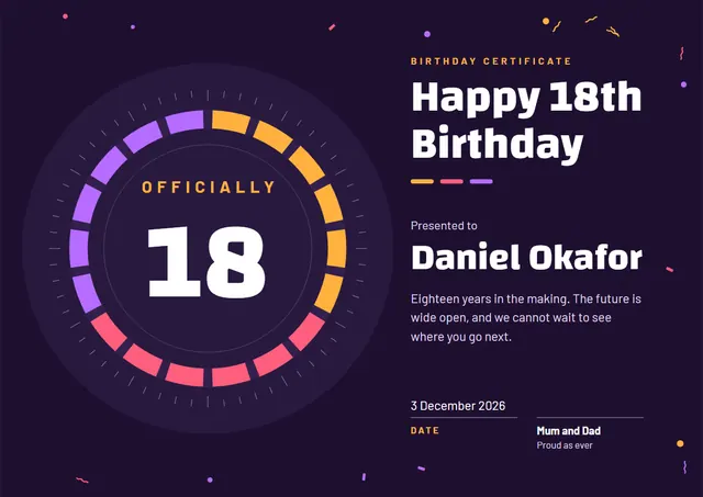 Modern Midnight Confetti 18th Birthday Certificate template, A4 landscape, in midnight blue