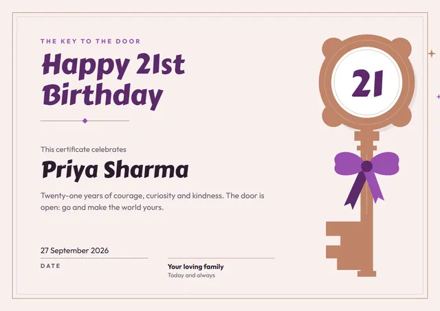 Plum Ribbon 21st Birthday Certificate template, A4 landscape, in plum