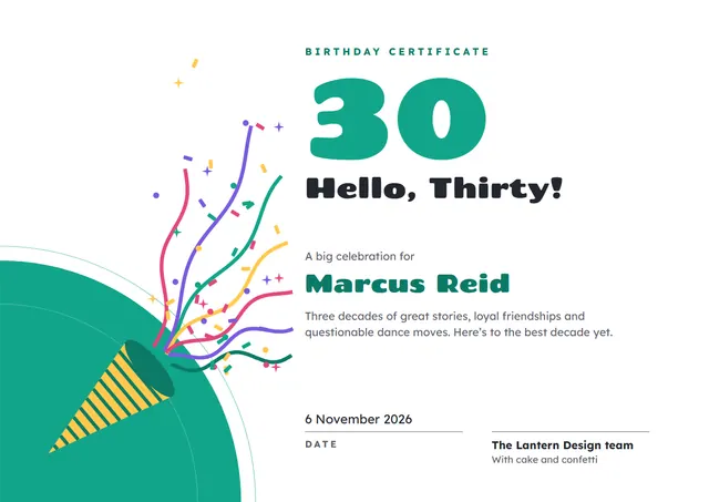 Jade Starry 30th Birthday Certificate template, A4 landscape, in jade
