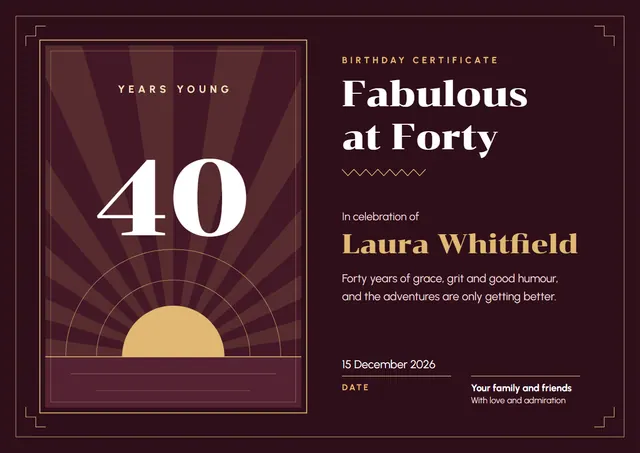 Burgundy Sunburst 40th Birthday Certificate template, A4 landscape, in burgundy