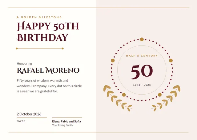 Burgundy Laurel 50th Birthday Certificate template, A4 landscape, in burgundy