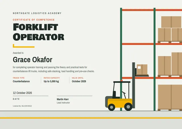 Gold Wave Forklift Operator Certificate template, A4 landscape, in gold