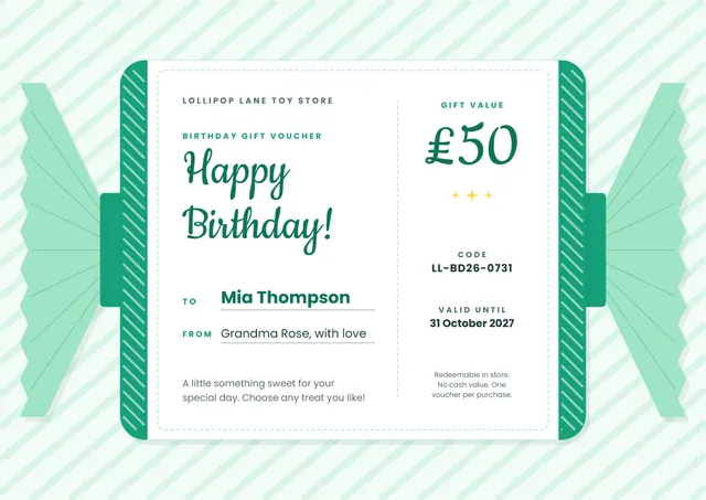 Jade Starry Birthday Gift Voucher template, A4 landscape, in jade