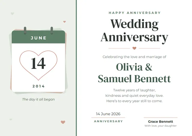 Emerald Heart Wedding Anniversary Certificate template, A4 landscape, in emerald