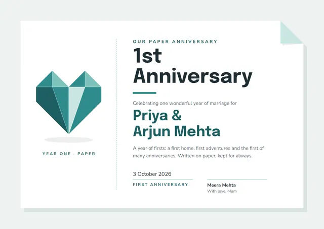 Teal Heart 1st Anniversary Certificate template, A4 landscape, in teal