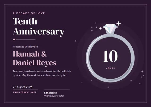 Plum Starry 10th Anniversary Certificate template, A4 landscape, in plum