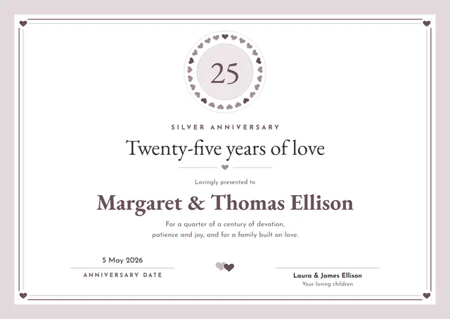 Plum Crown Silver Anniversary Certificate template, A4 landscape, in plum