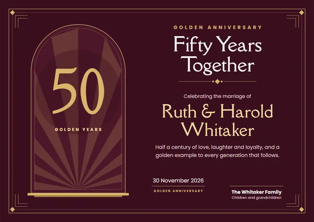 Burgundy Sunburst Golden Anniversary Certificate template, A4 landscape, in burgundy