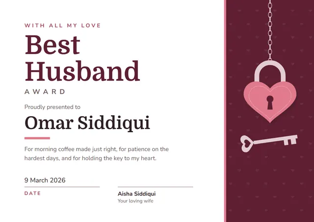 Burgundy Heart Best Husband Award template, A4 landscape, in burgundy